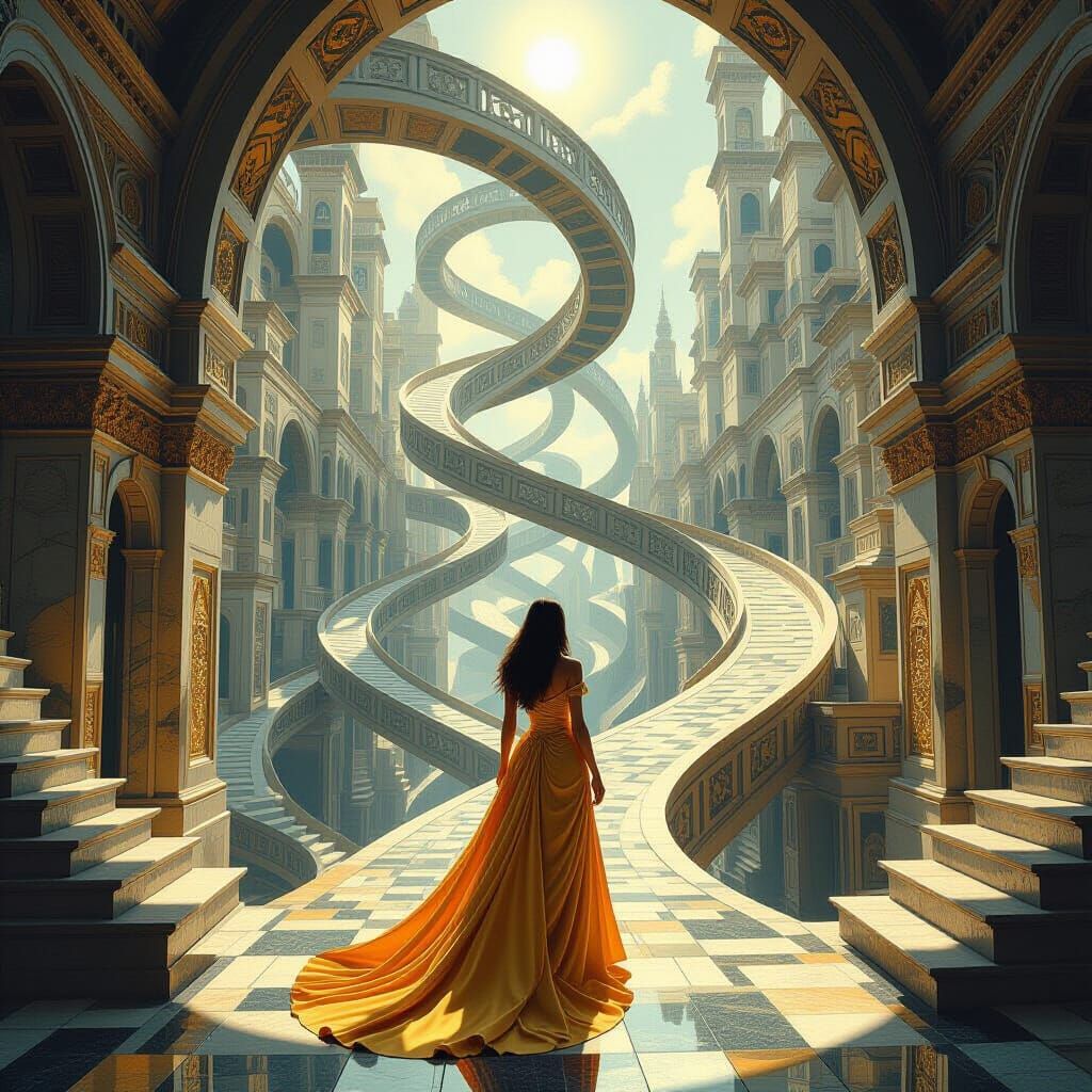 Woman in Golden Attire Amidst Impossible Twisting Architectu...
