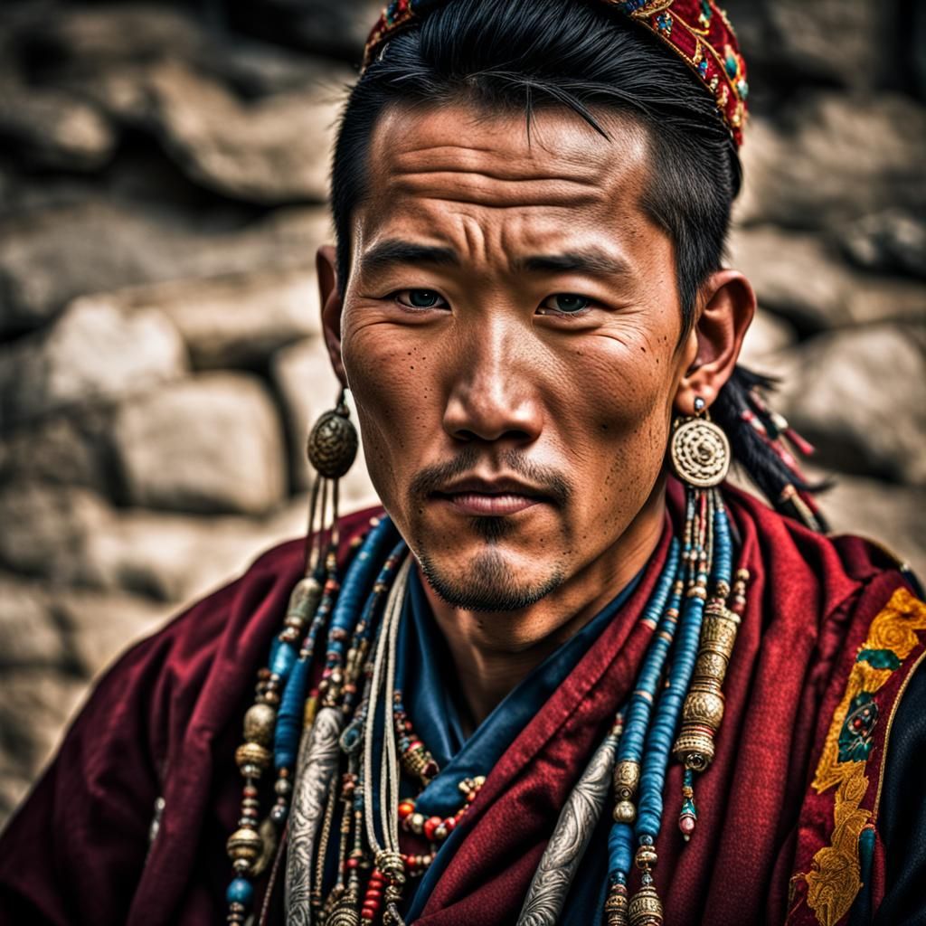 Portrait of a Youthful Tibetan Man in Traditional Dress