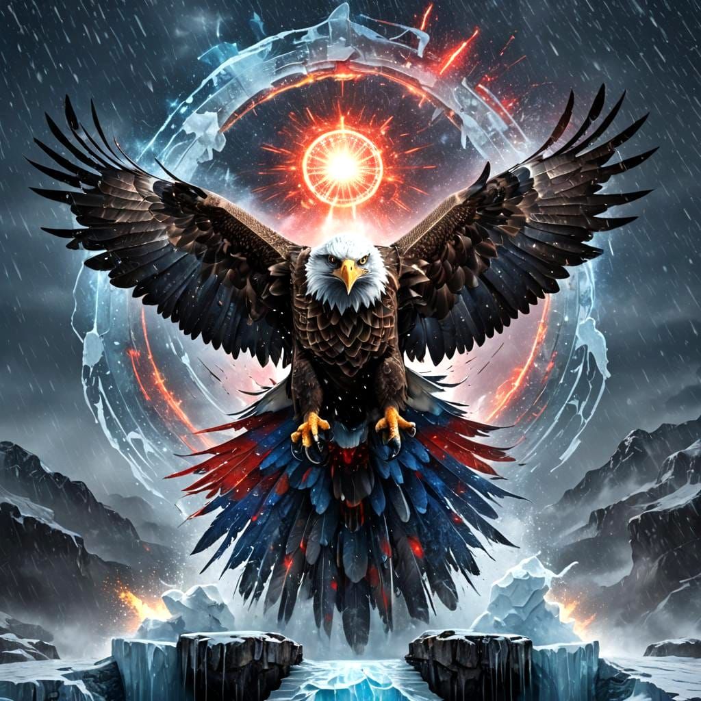Eagle Enters Winter Snowscape with Red Lights