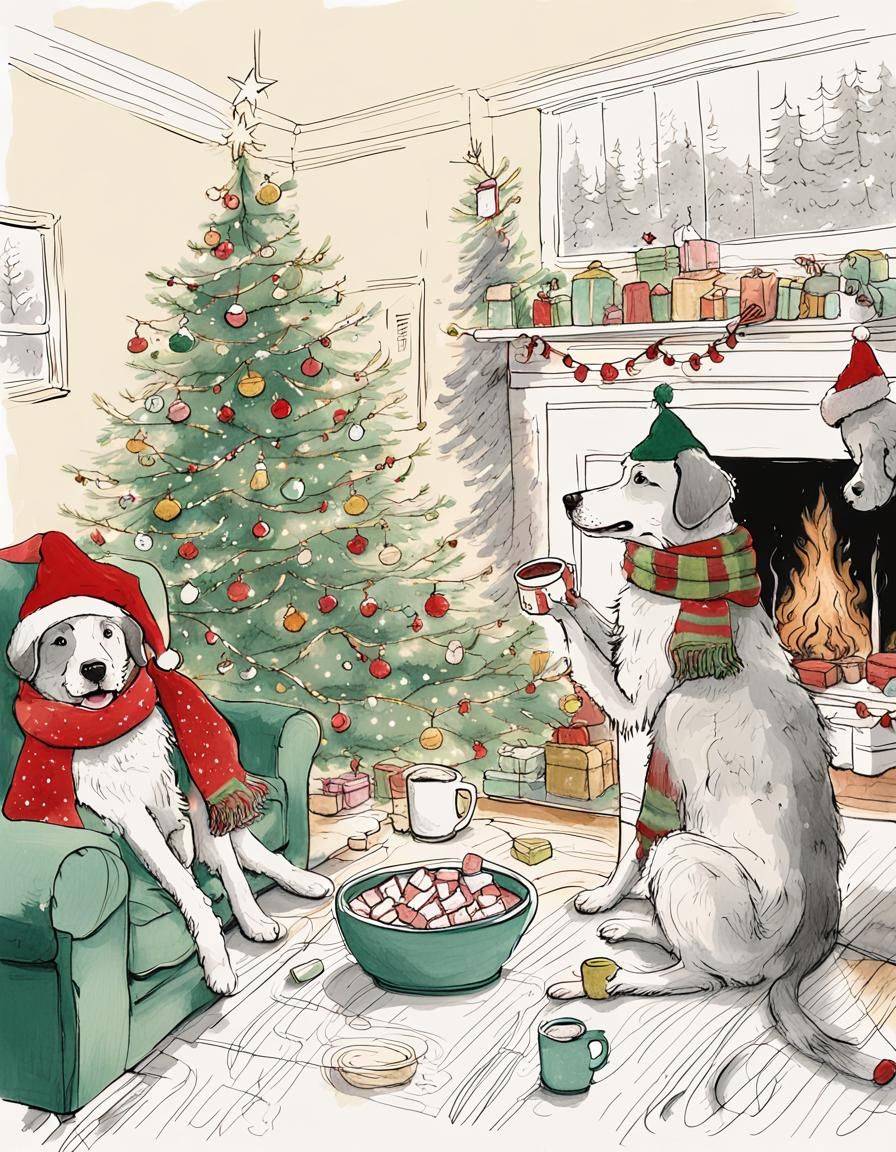 Whimsical Dogs Enjoying Hot Cocoa by a Christmas Tree