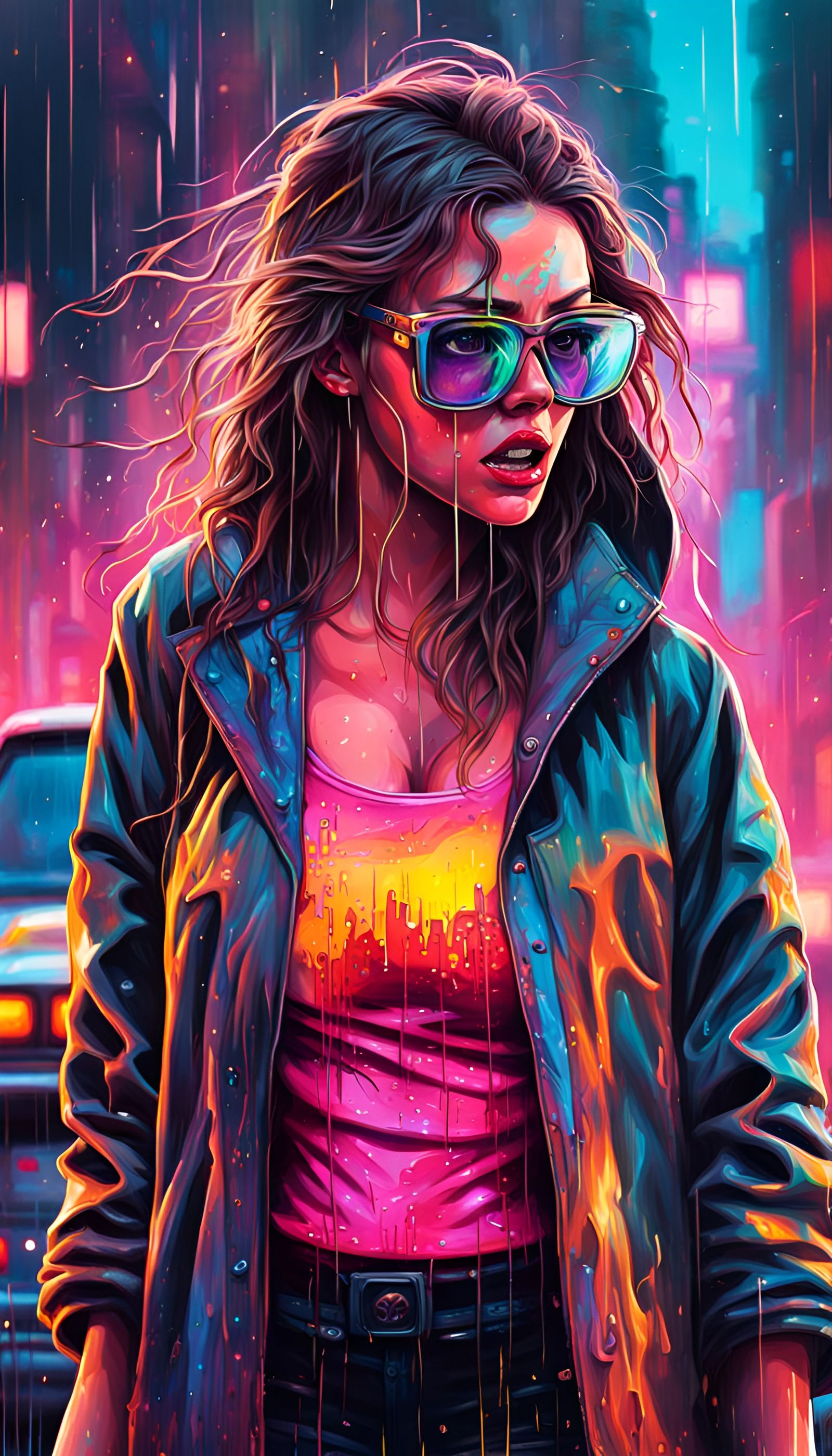 Girl in Dystopian Cityscape: Neon Synthwave Graffiti Art
