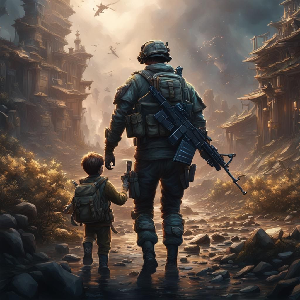 Soldier Saving Child: Detailed Matte Painting