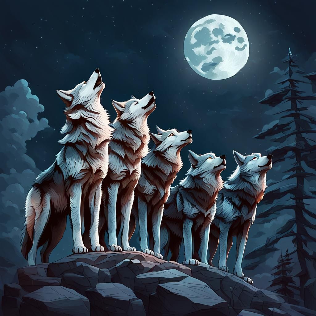 Wolves Howling at the Moon: Whimsical Illustration