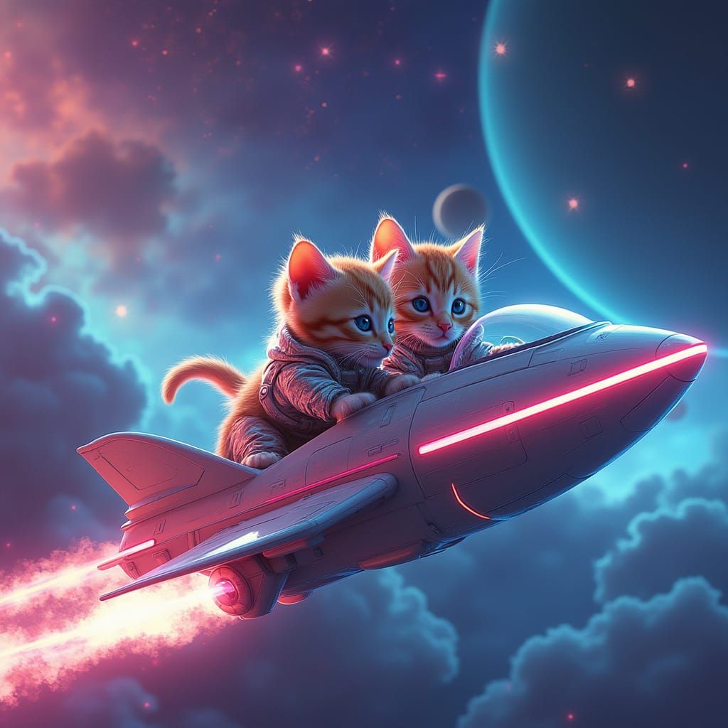 Kittens in Spacesuits Pilot Spaceship Through Nebula