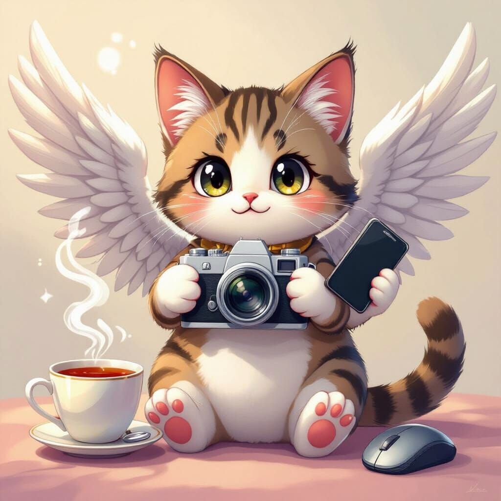 Anime Cat with Wings Holds Tech and Tea