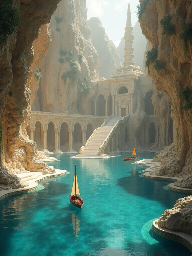 Sailboats in Abandoned Temple Lagoon: Fantasy Illustration