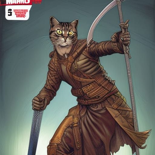 Feline Swordsman in Comic Book Art Style