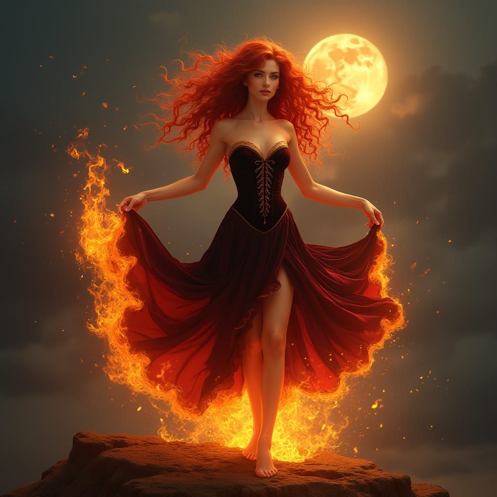 Dramatic Fire Mage Dancing Under Moonlight