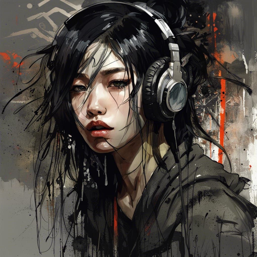 Dramatic Korean Tomboy with Tattoos and Headphones