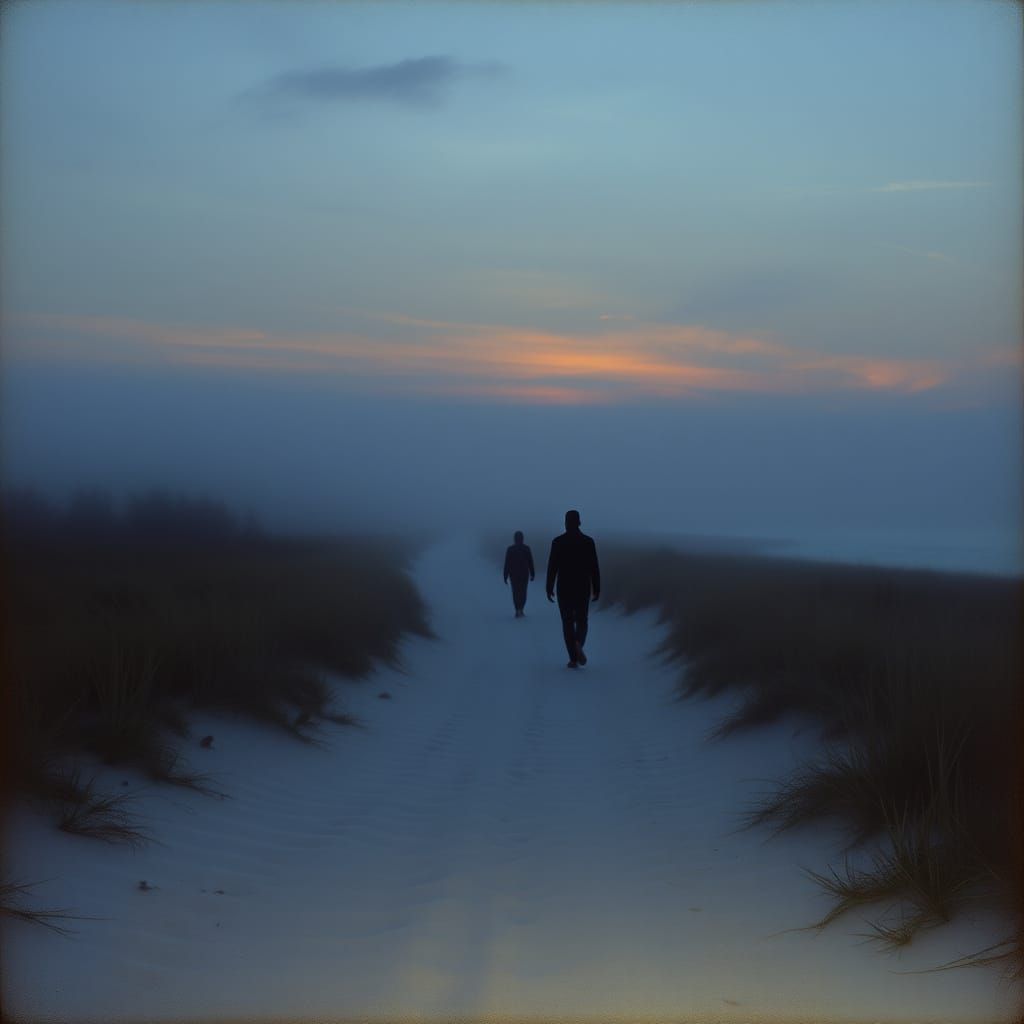 Tranquil Dusk Path with Barefoot Figures