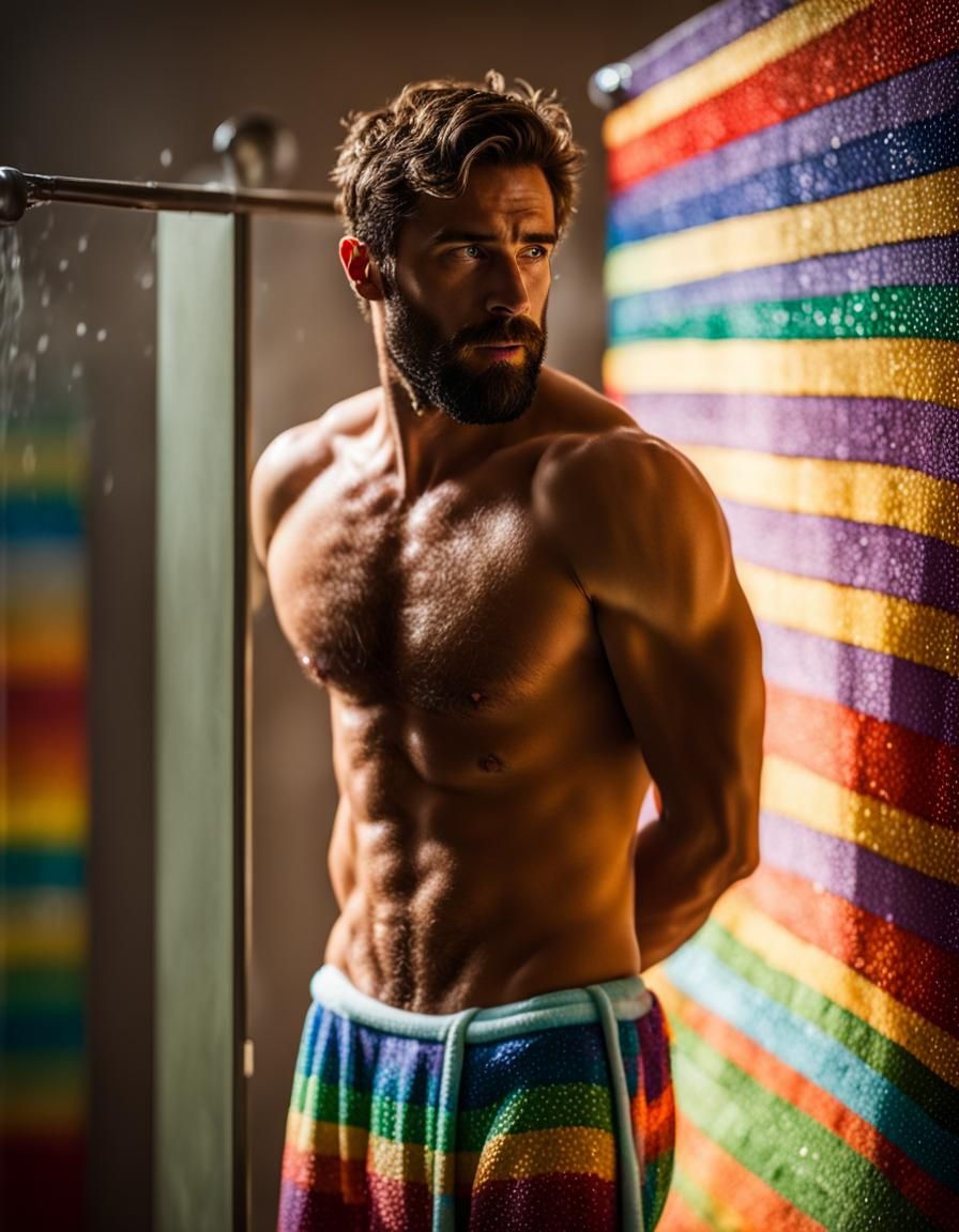 Attractive Man Emerges from Rainbow Tiled Shower