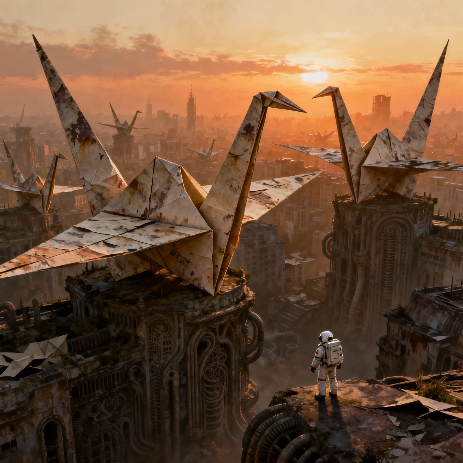 Origami Crane City at Sunset: Digital Painting