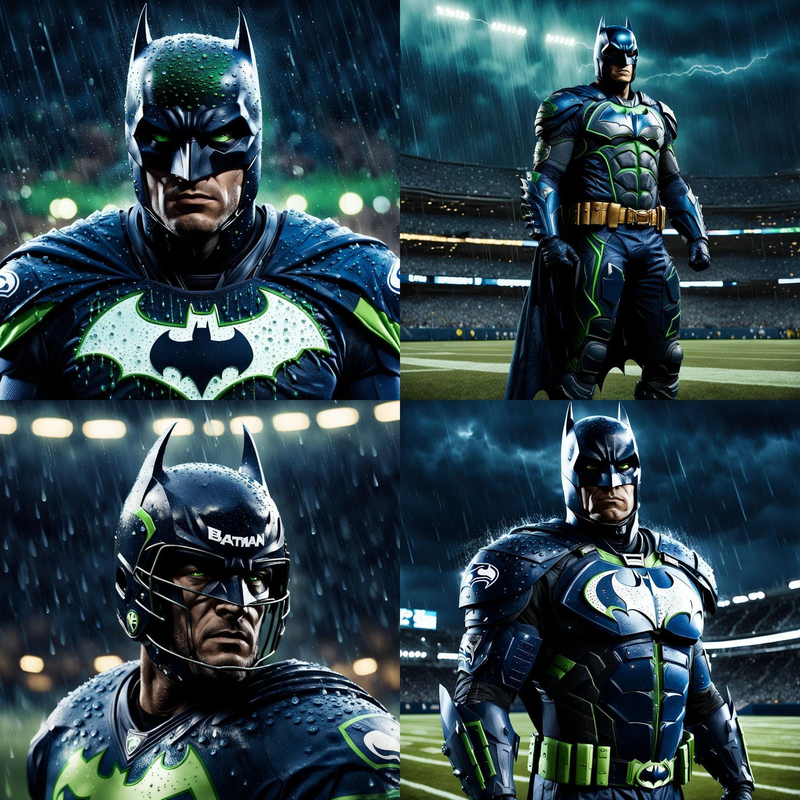 Batman as Seattle Seahawk in Stormy Lumen Field