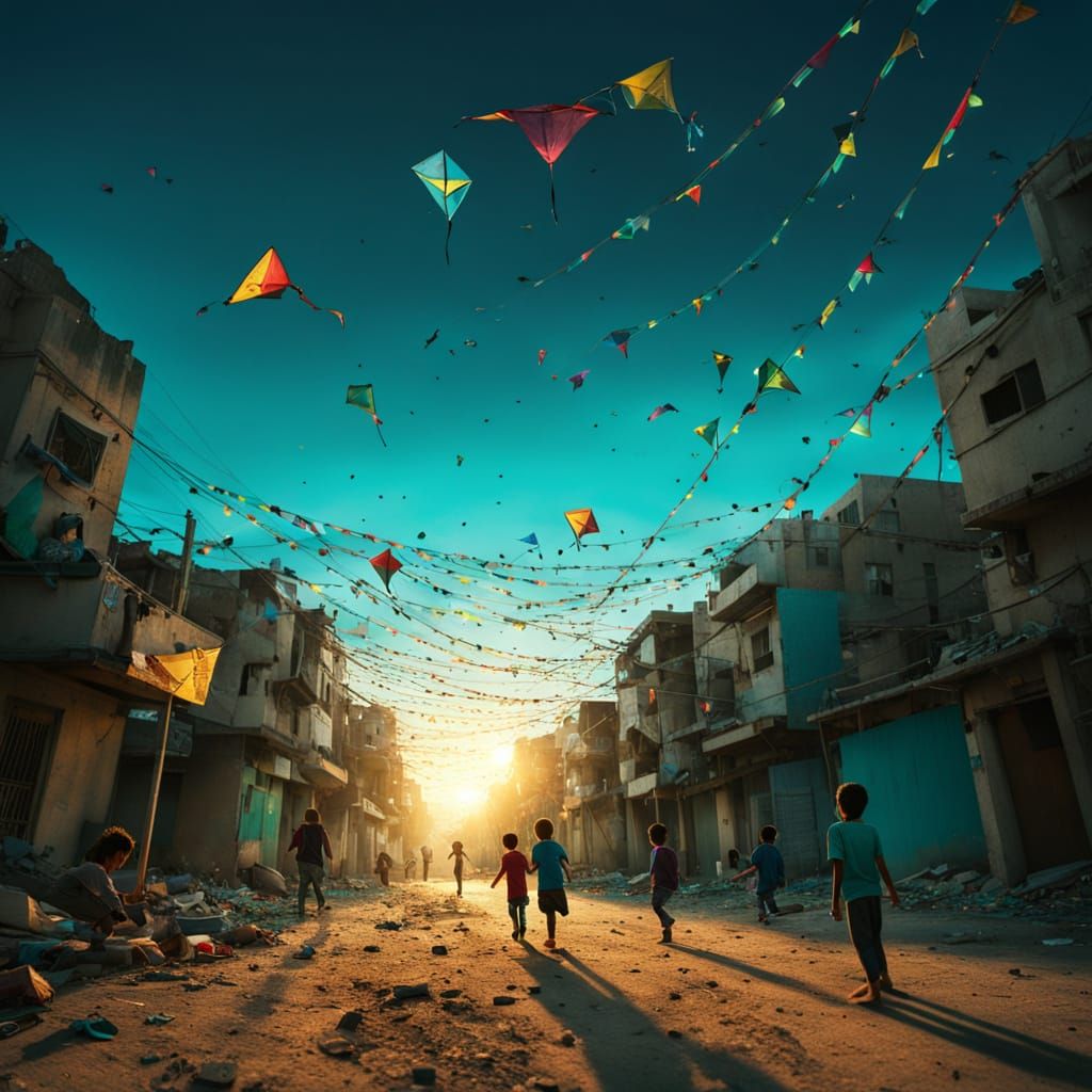 Hopeful Gaza Cityscape with Kites: Miyazaki Style
