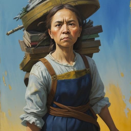 Resilient Woman Carrying Burden: Gouache Impressionist Style
