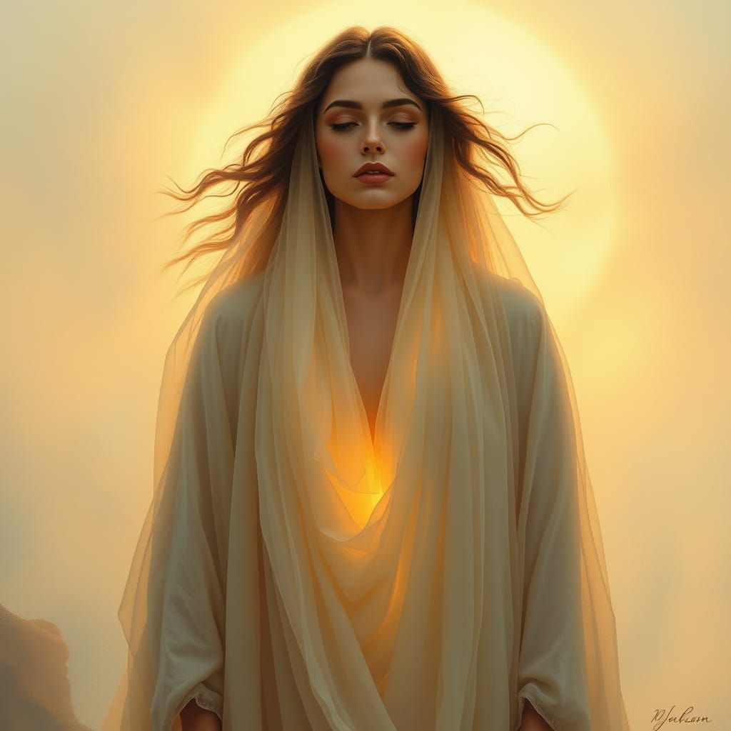 Ethereal Woman Shedding Illusions in Dawn Light