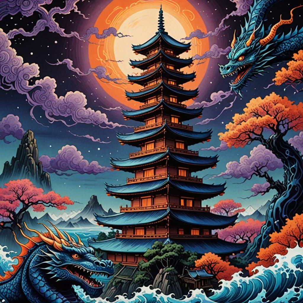 Pagoda on Dragon Over Alien Ocean in Japanese Woodblock Styl...
