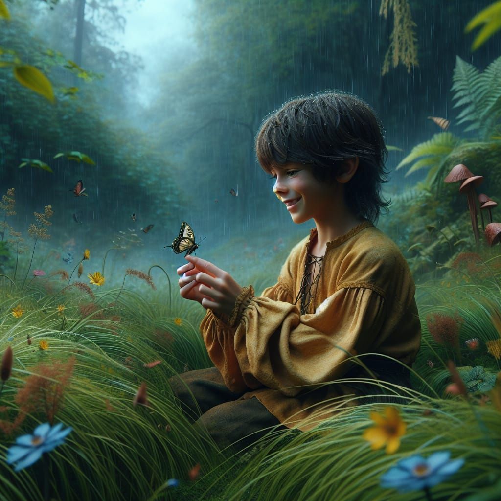 Boy with Butterfly in Rainy Ethereal Forest