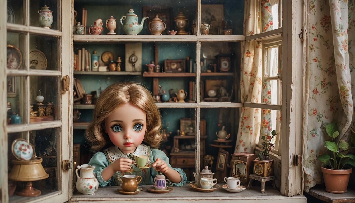 Girl's Gaze into Whimsical Dollhouse Interior