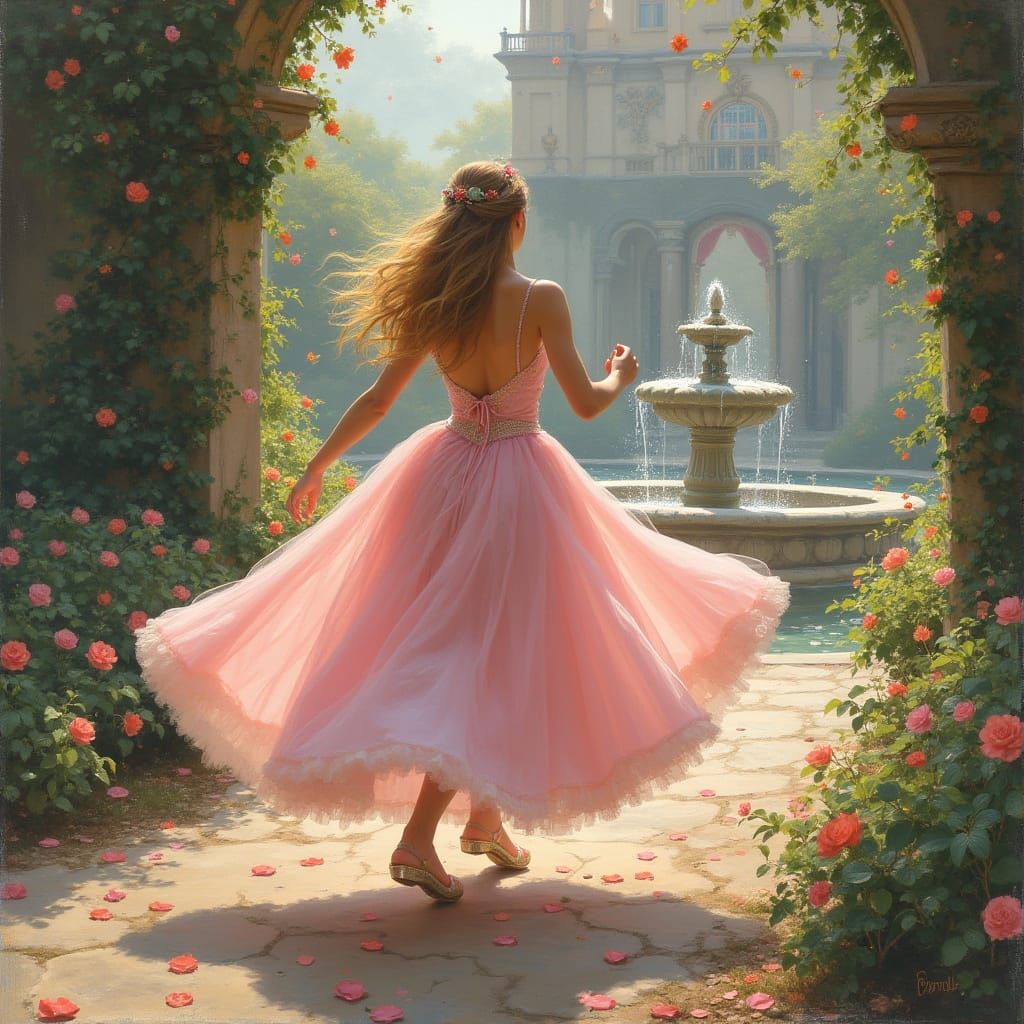 Joyful Woman Dancing in Rococo Garden, Impressionist Style