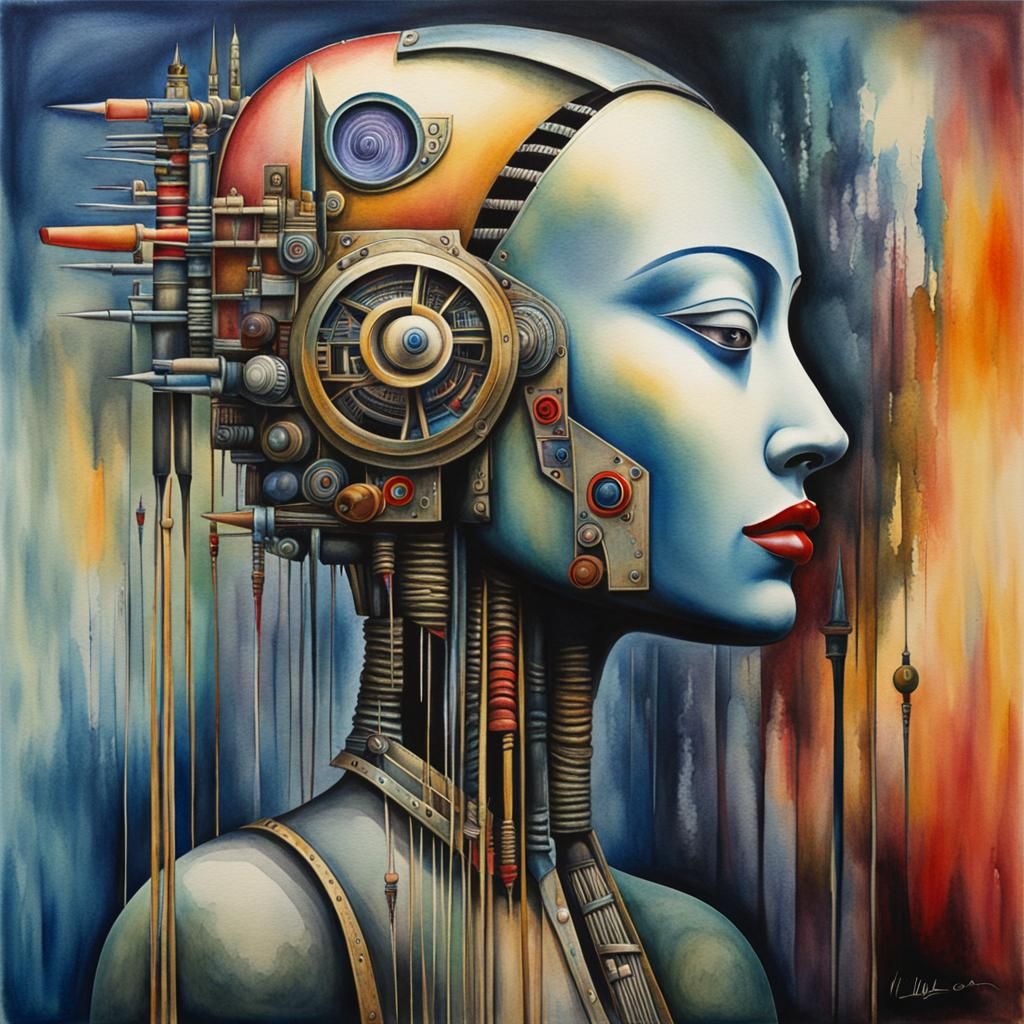 Eclectic Surrealist Cyborg in Wet Watercolour