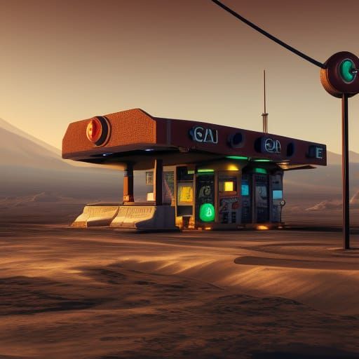 Retro Gas Station on Mars: Detailed Matte Painting