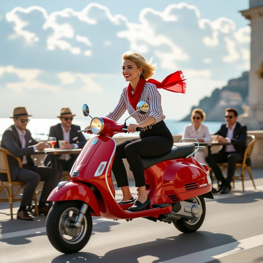 Woman on Red Moped in Coastal Italy at Golden Hour