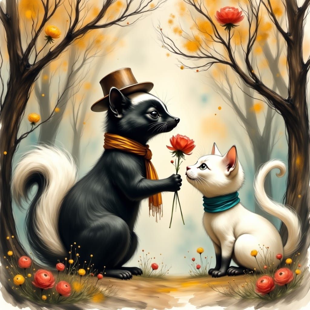 Whimsical Skunk Gives Bouquet to Elegant White Feline Compan...