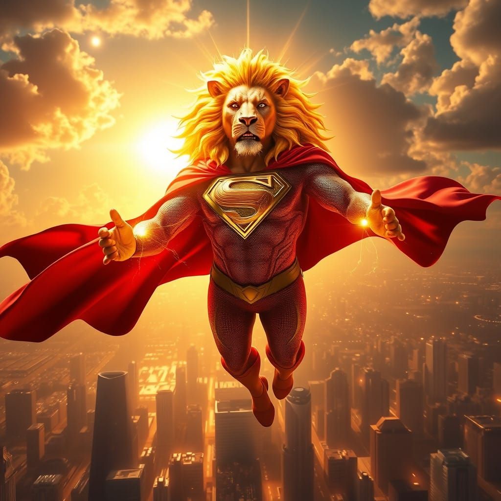 Heroic Golden Lion Superman Soars Above City