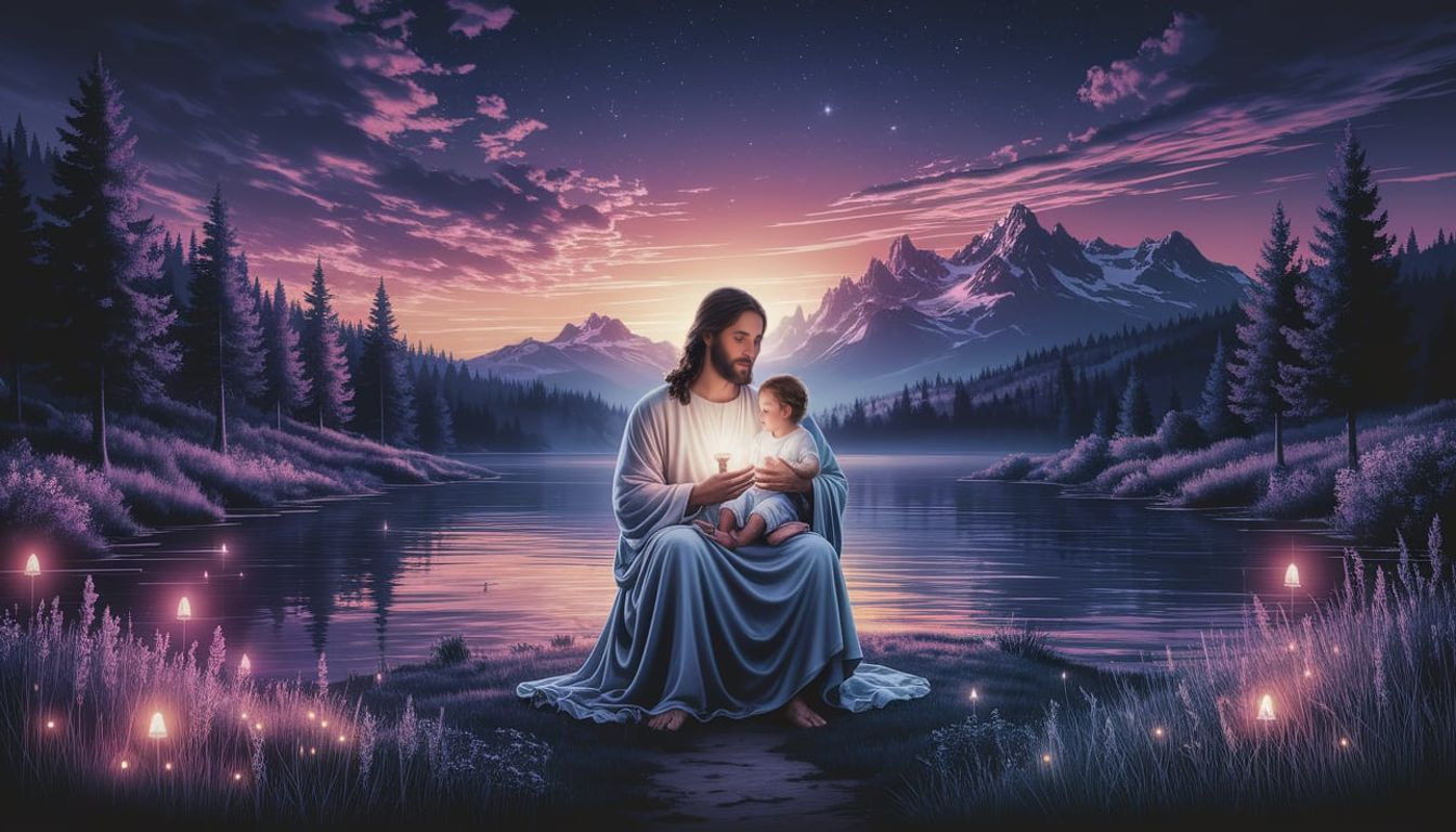 Jesus Comforts Child in Stunning Sunset Landscape