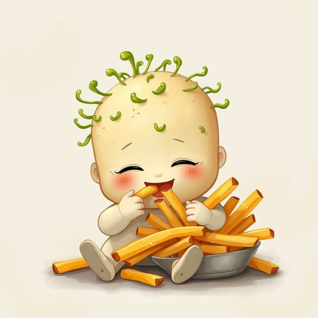 Chibi Potato Boy Eating Fries in Dreamlike Setting