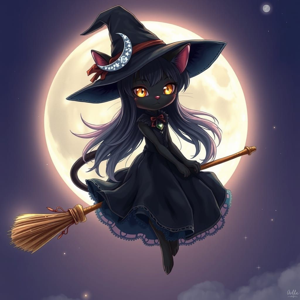 Enchanted Cat Girl Takes to the Night Sky on a Delicate Broo...