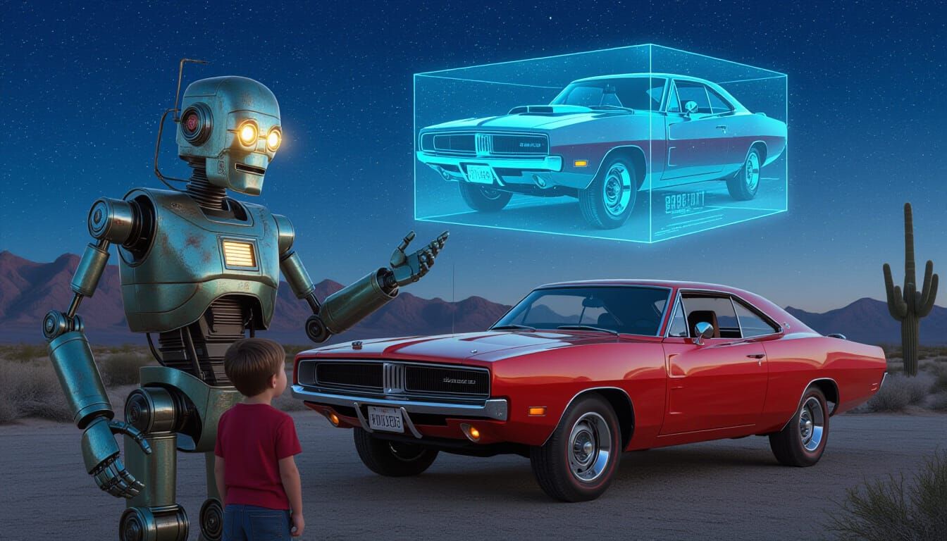 Wise Robot Shares Muscle Car History With Child