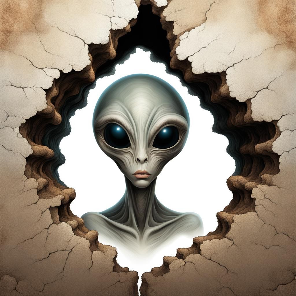 Alien Peeks Out, Beksinski Style Vector Art