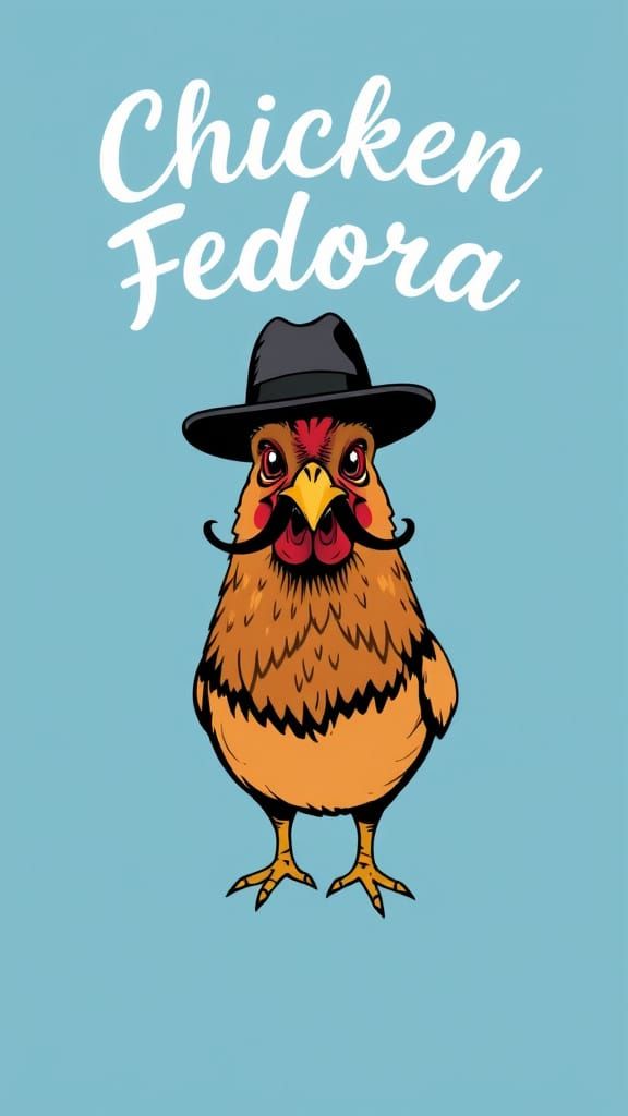 Chicken Fedora with Mustache in Artistic Script