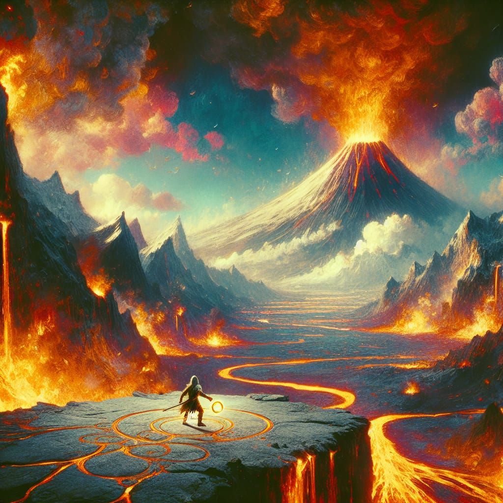 Brave Figure at Edge of Fiery Volcano