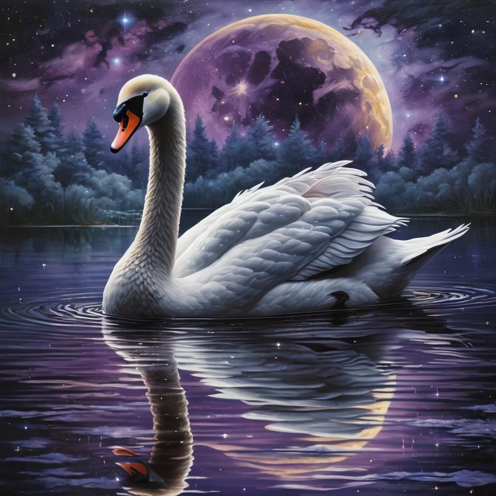Luminescent Swan Reflects Galaxy in Oil Painting