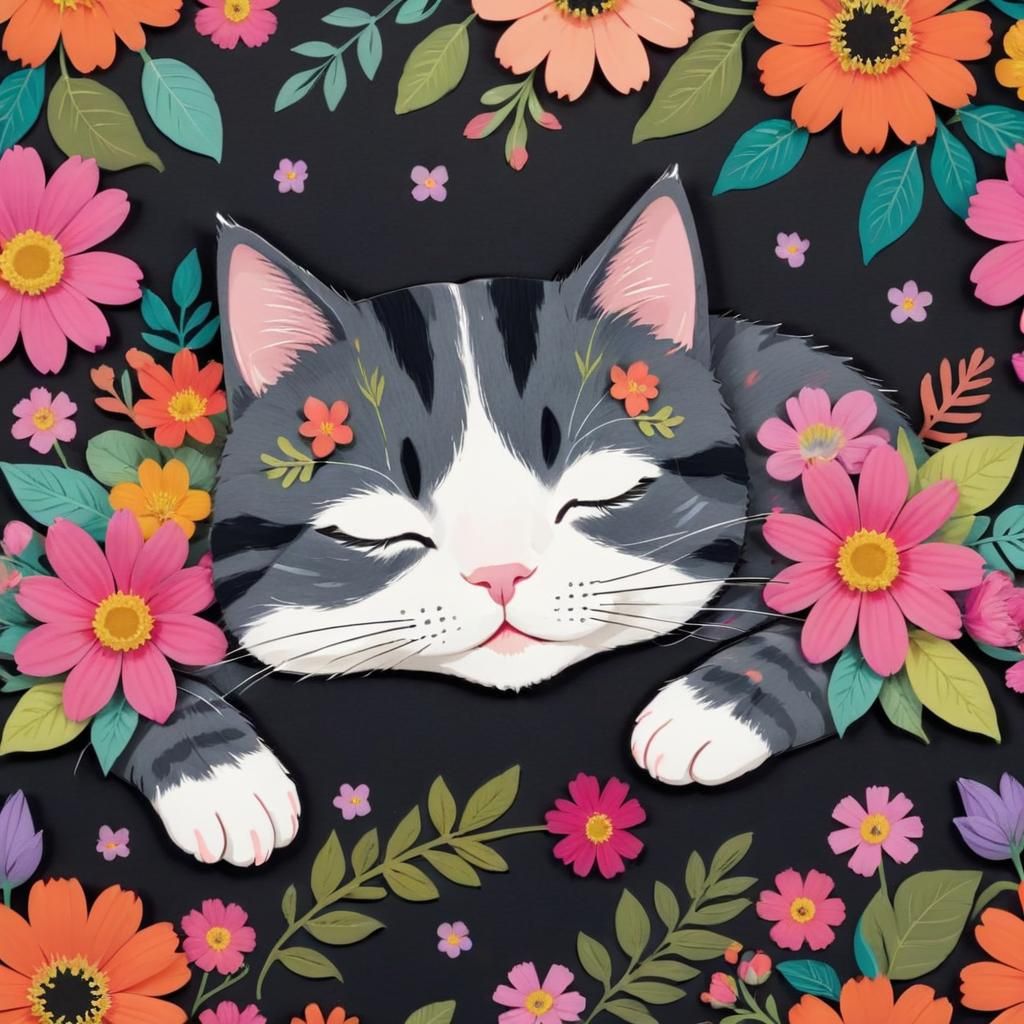 Cute Napping Cat with Bright Flowers