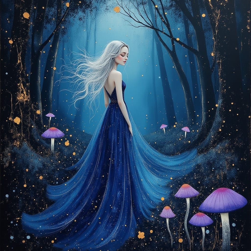 Ethereal Woman in Enchanted Forest at Night