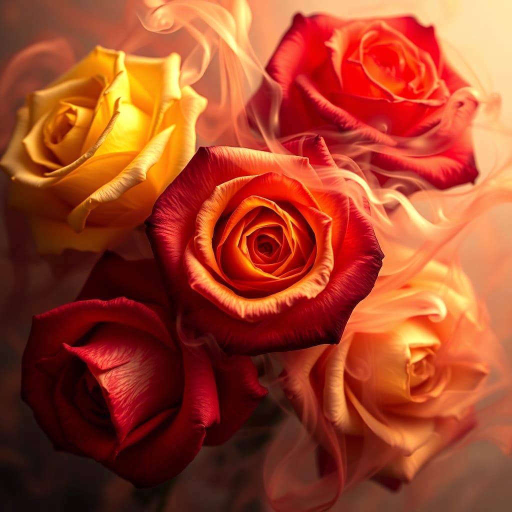 Ethereal Roses Made of Red and Yellow Smoke