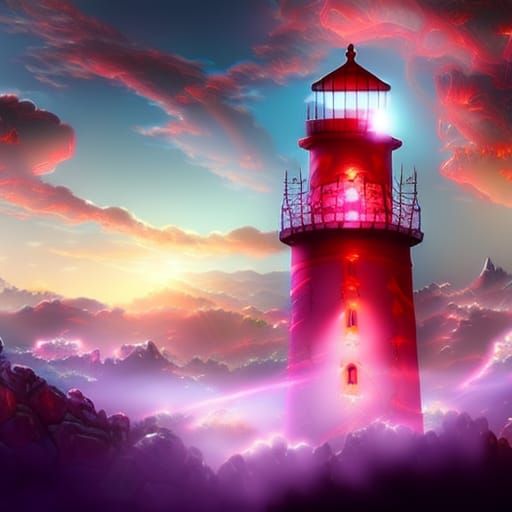 Crystal Lighthouse on Clouds in Detailed Digital Art
