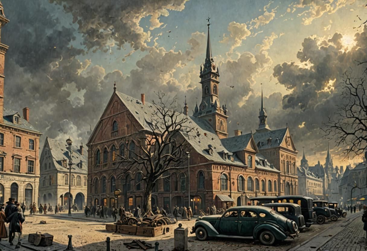 Eerie 19th Century Town Square in Dark Romanticism