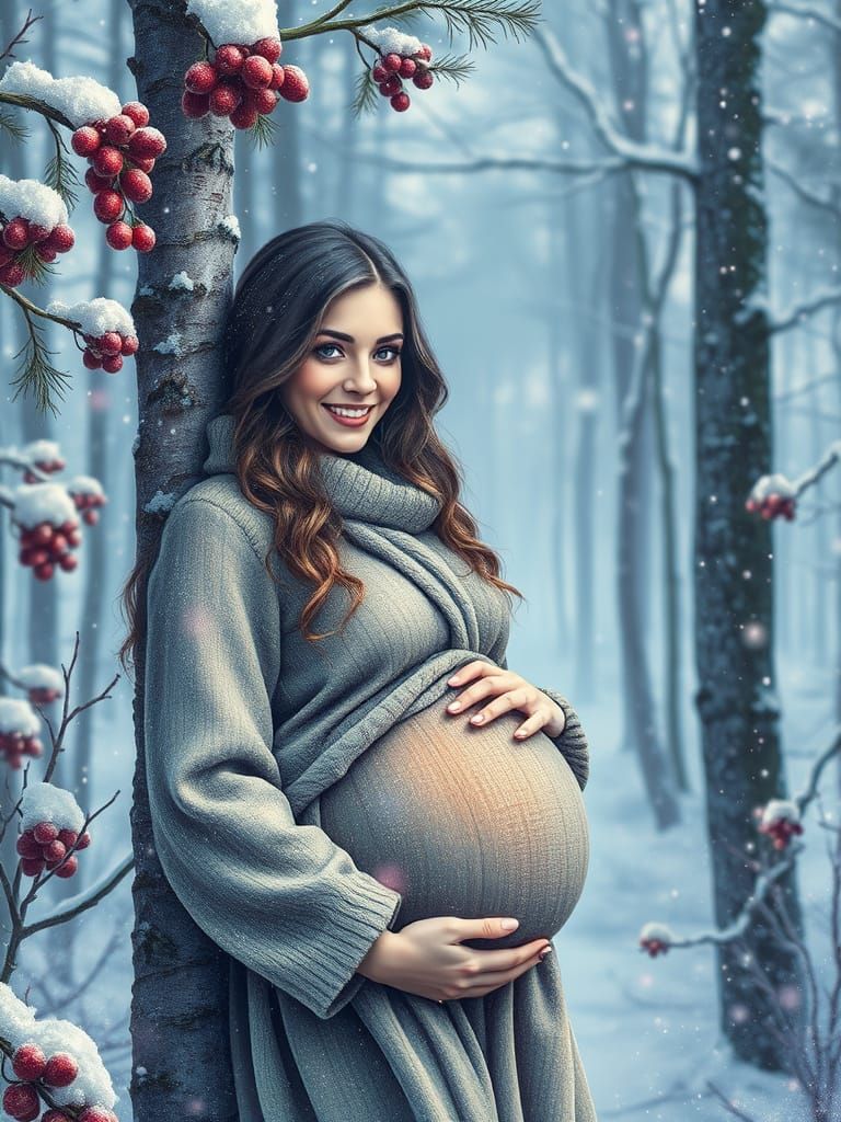 Pregnant Lady in Snowy Forest, Anime Van Gogh Style