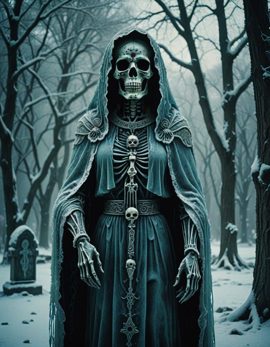 Ethereal Santa Muerte Frozen in Winter Frost