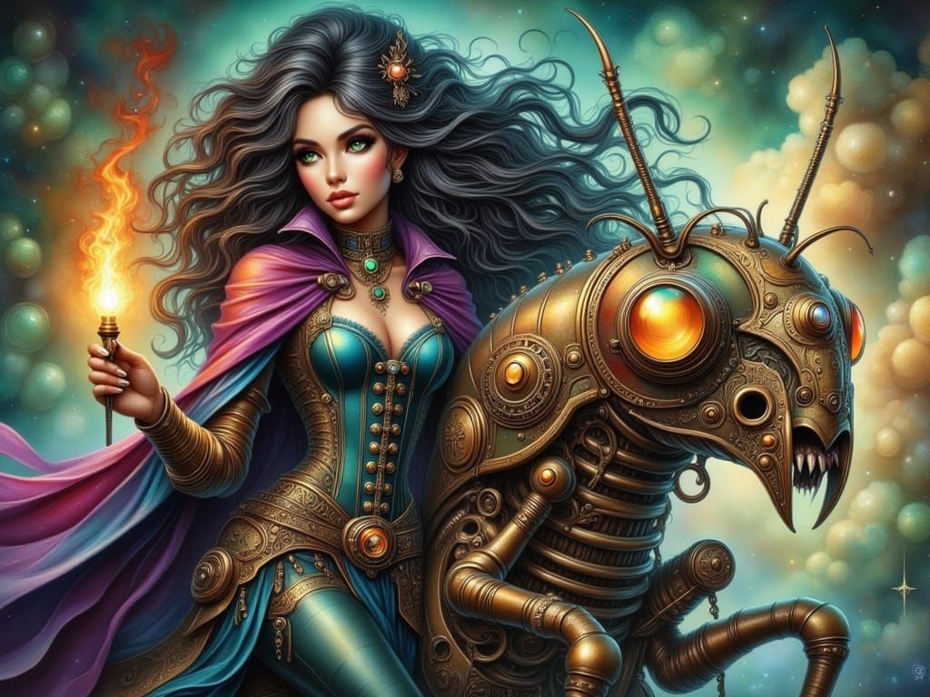 Ethereal Steampunk Queen Commands Mechanical Insect