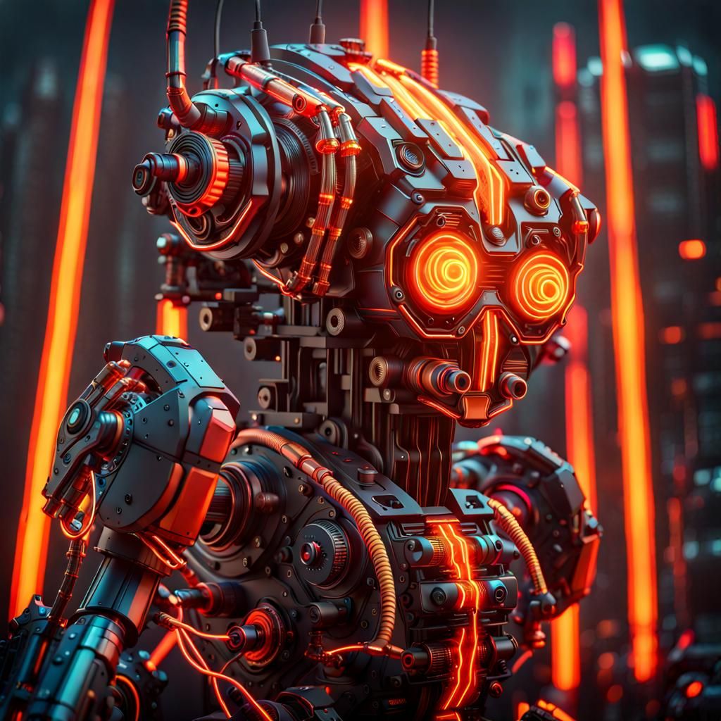 Cyberpunk Robot with Laser Cannons in Neon Cityscape