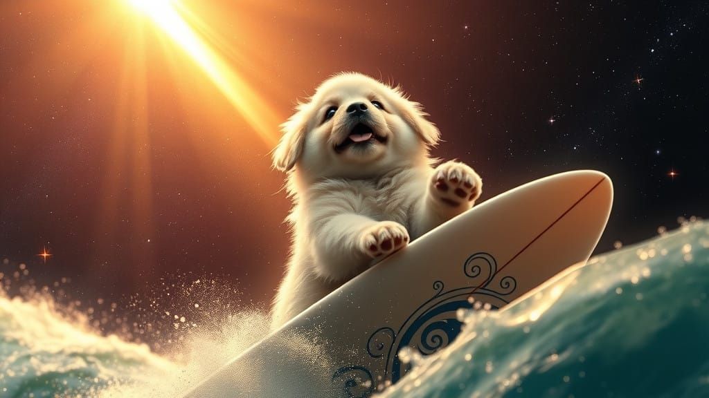 Celestial Canine Surfer Riding the Radiant Comet's Tail