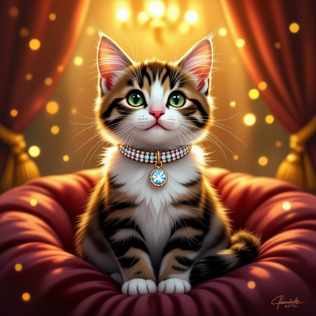 Adorable Cat with Sparkling Collar in Whimsical Style
