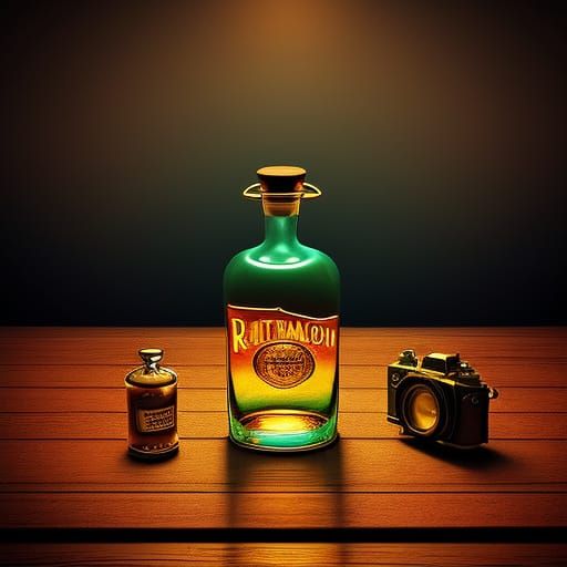 Whimsical Vintage Whiskey Bottle in Retro Surrealism Setting