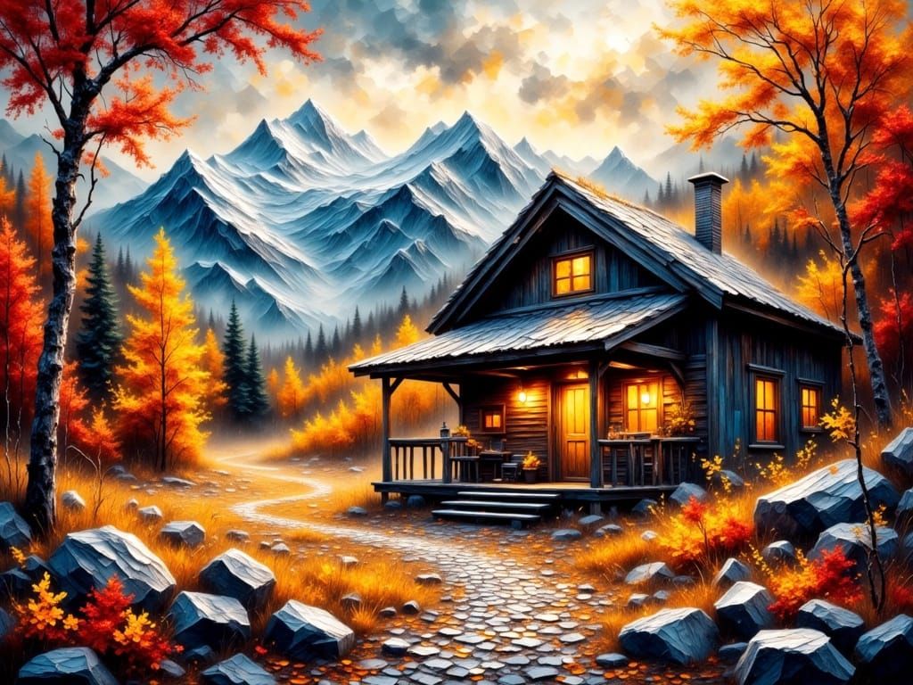 Impasto Oil Painting of Traditional Finnish Cabin in Autumn
